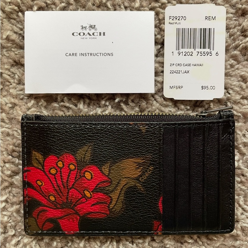 Coach Black and Red Floral Card Case